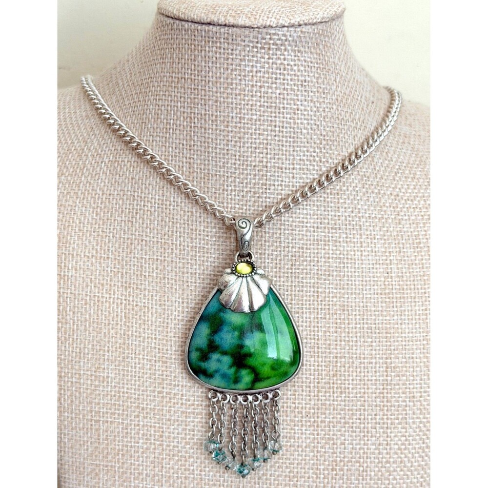 Chicos Silver Tone Green Resin Stone Fringe Tassel Pendant Necklace Boho Stateme